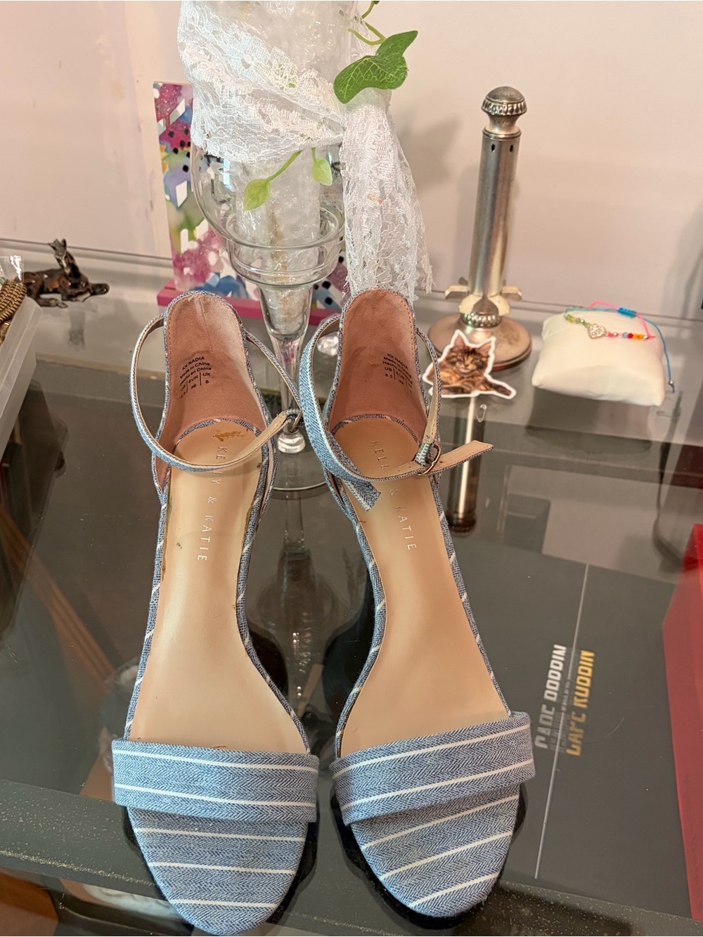 Kelly & Katie Denim Stripe Ankle-Strap Heels - Light Blue